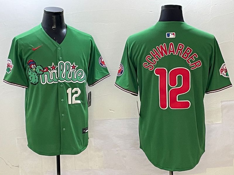 Men Philadelphia Phillies #12 Schwarber Green Three generations Joint Name Game 2025 Nike MLB Jersey style 5